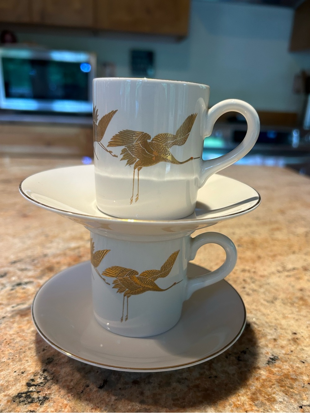Porcelain Espresso Demitasse Cup Saucer Set 22K Gold Flying Cranes Otagiri Japan